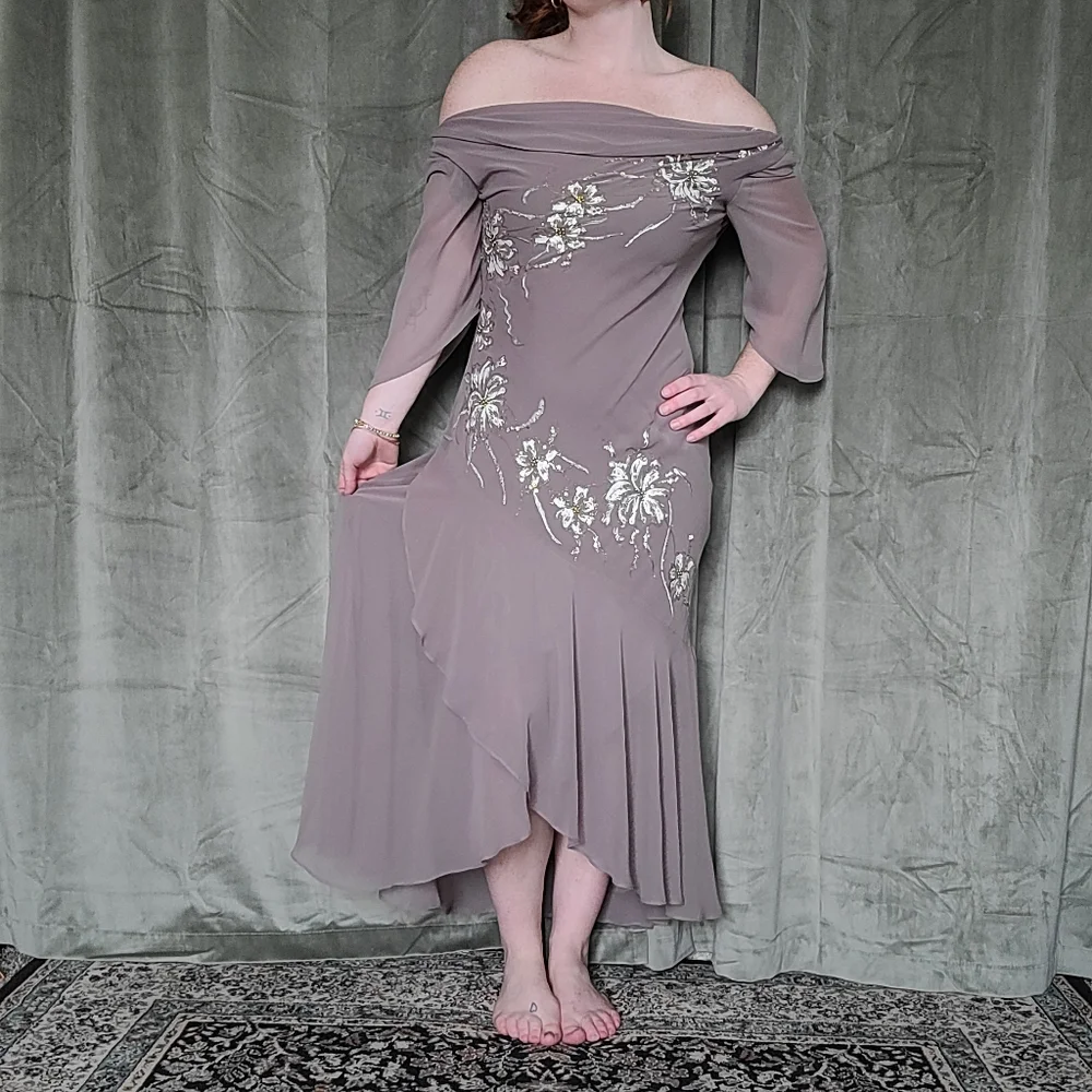 y2k Fairy Boho Regency Whismy Off The Shoulder Brown Embriodered Cocktail Dress - Picture 1 of 16